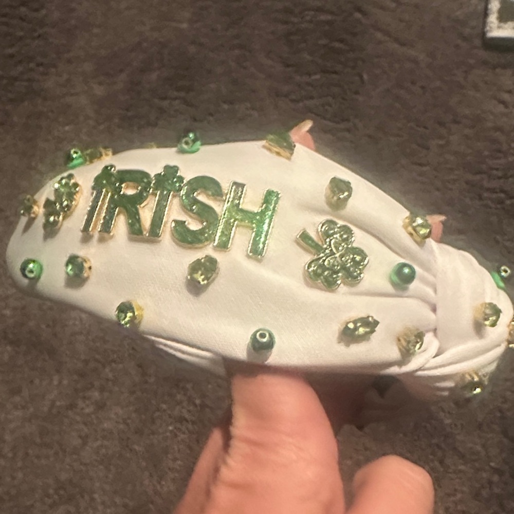 Unlisted White Knot Headband with Green and Gold Accents